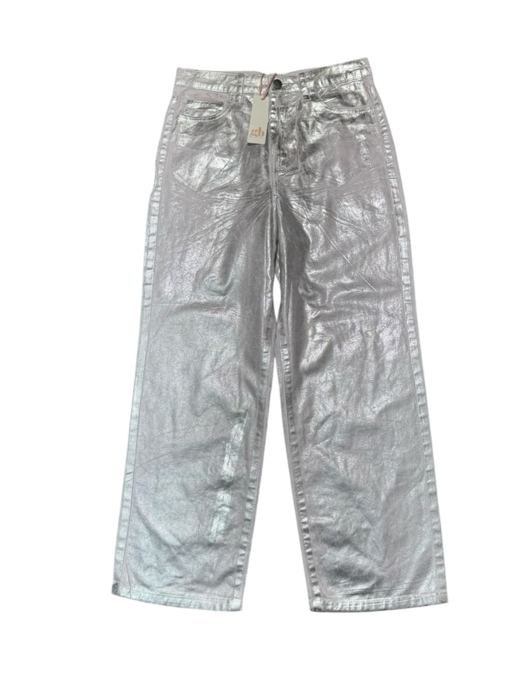 Gianni Bini Girls Foiled Metallic Silver Jeans Size 14 Straight Wide Leg Denim